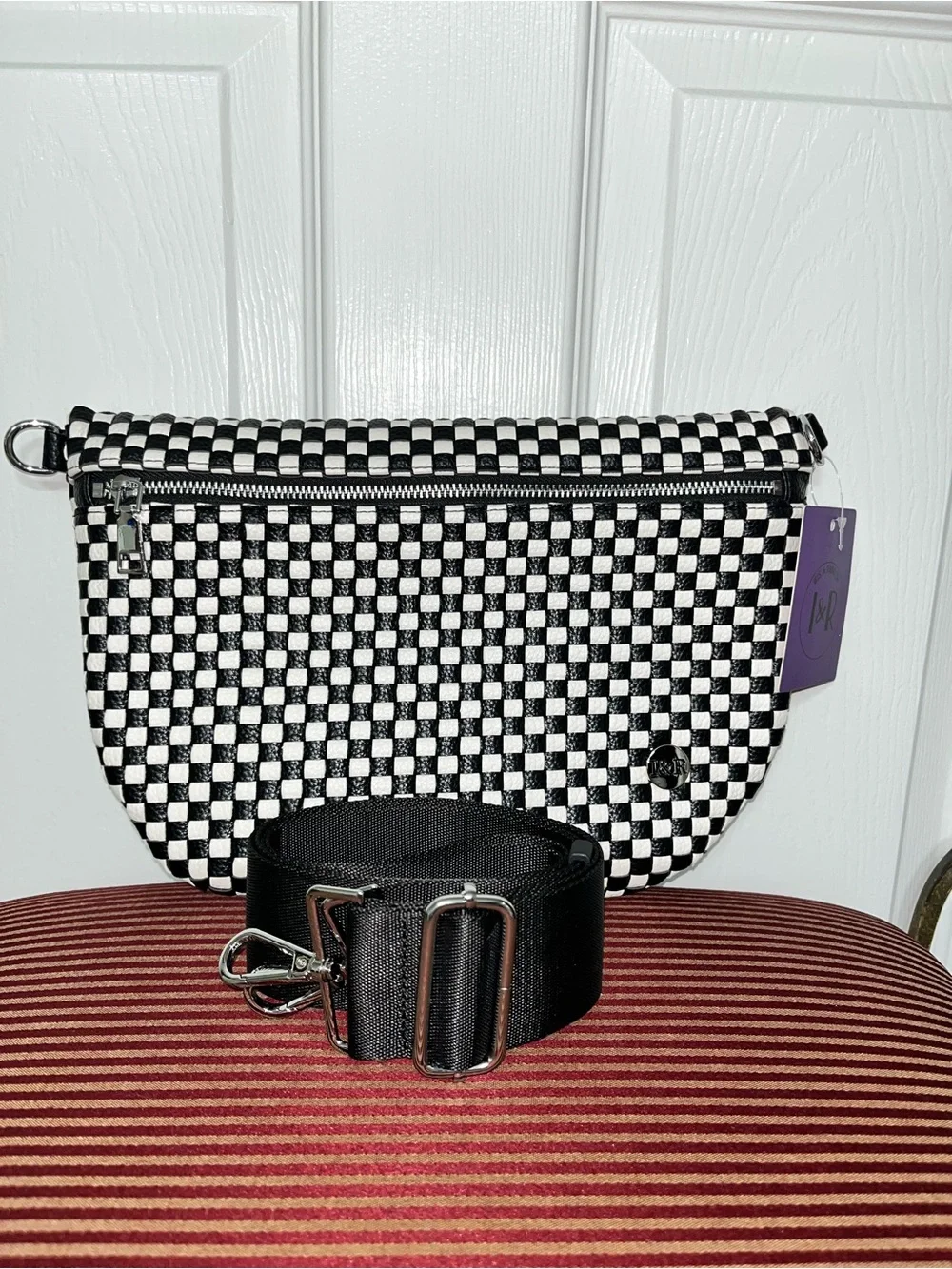 Iris & Rainbow Black/White Day In Tessellate Woven Faux Leather Crossbody Bag